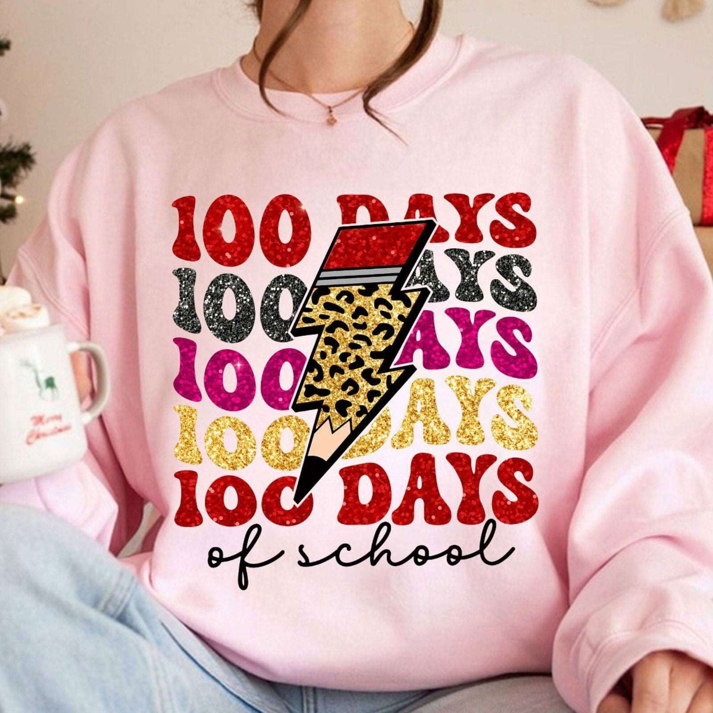 100 Days of School Png, Happy 100 Days of School Faux Sequin PNG