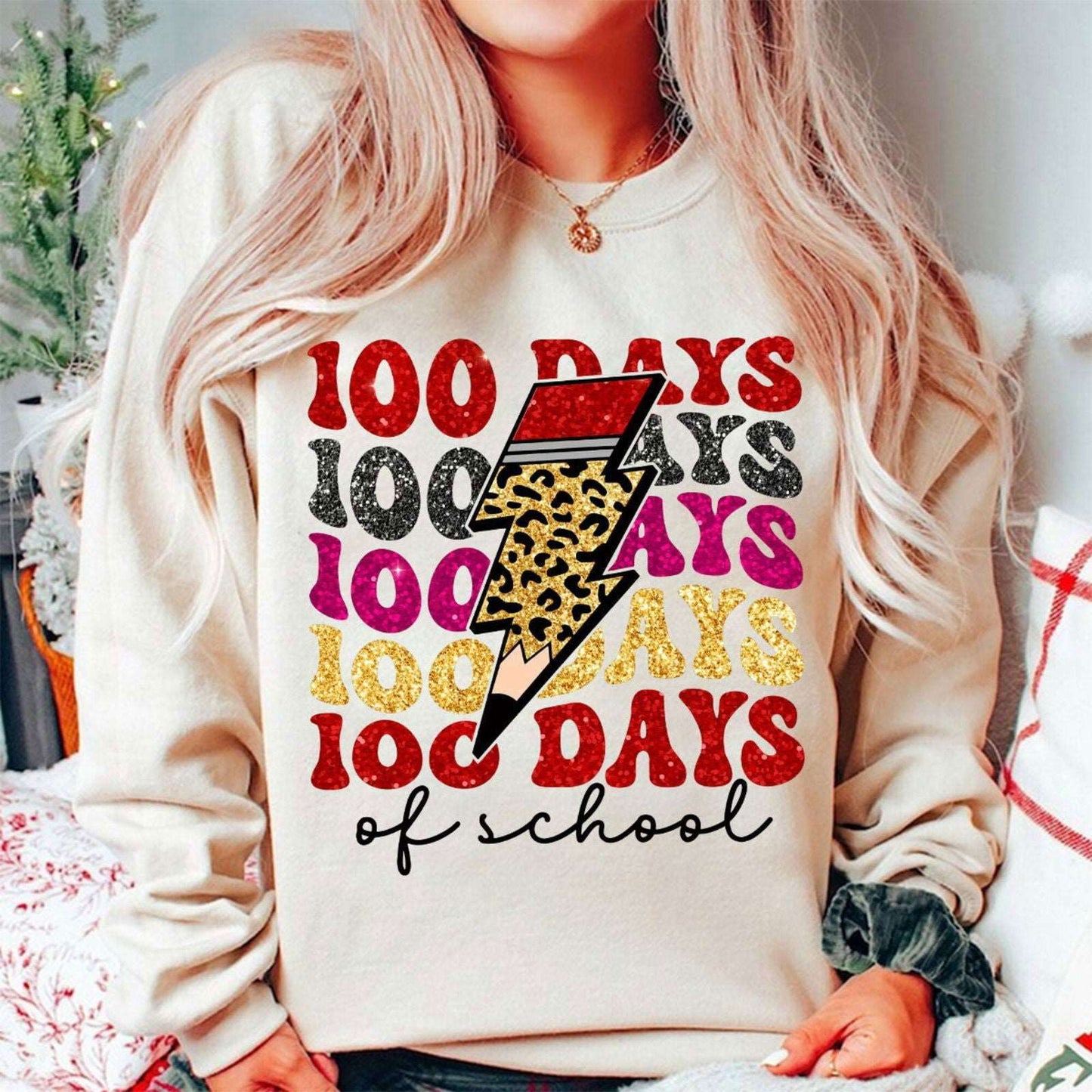 100 Days of School Png, Happy 100 Days of School Faux Sequin PNG