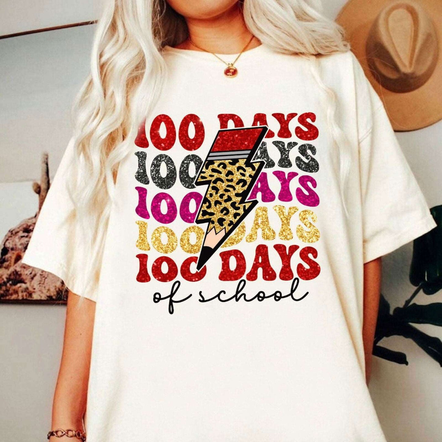 100 Days of School Png, Happy 100 Days of School Faux Sequin PNG