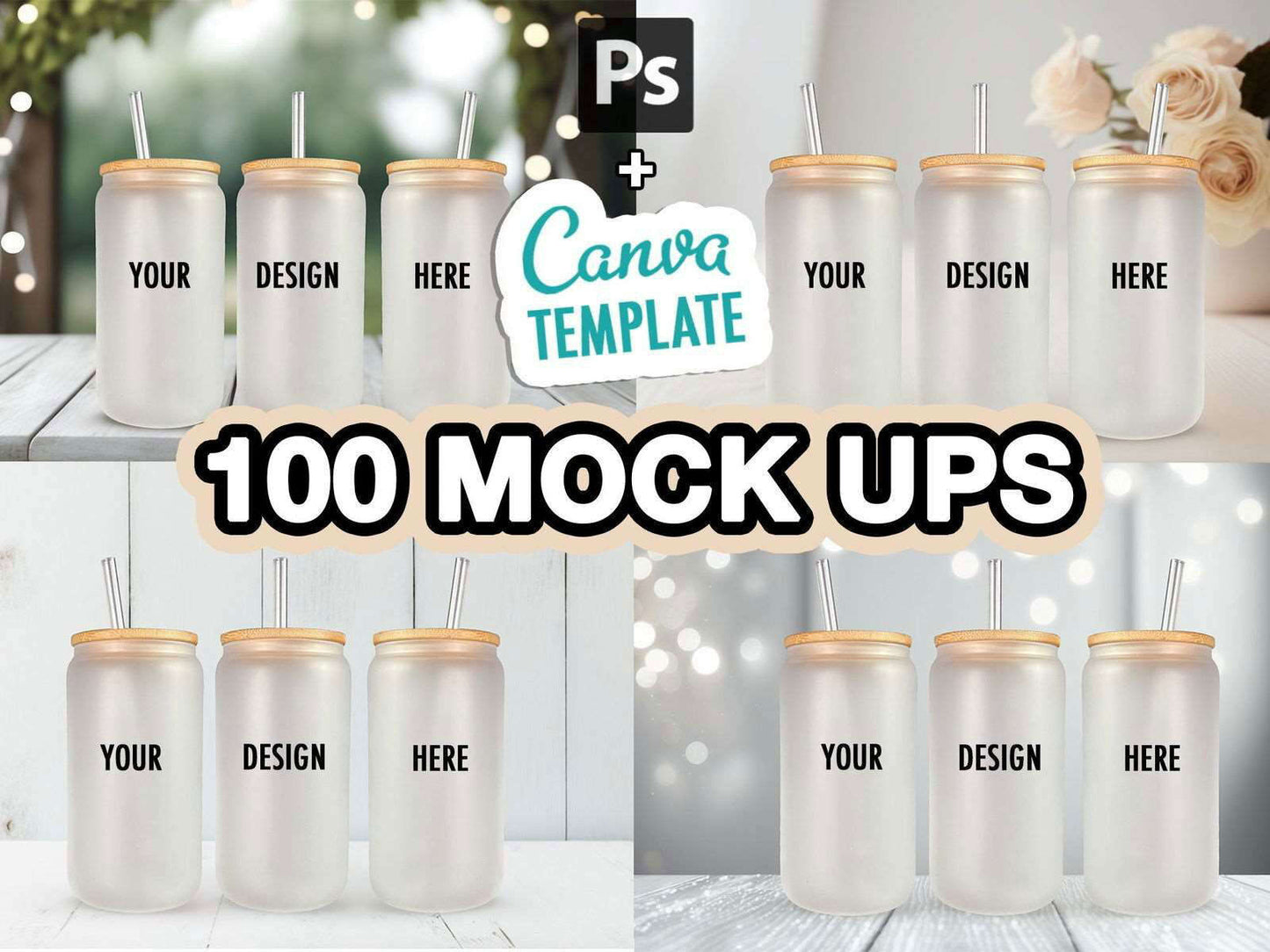 100 Frosted 16oz Libbey Glass Can Mock Ups Canva Templates And PSD - Edit in CANVA, Photoshop