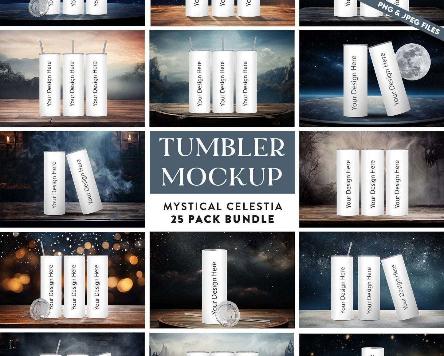 25 x Mystical Celestia Tumbler Mockup Variety Bundle 20oz Skinny Straight