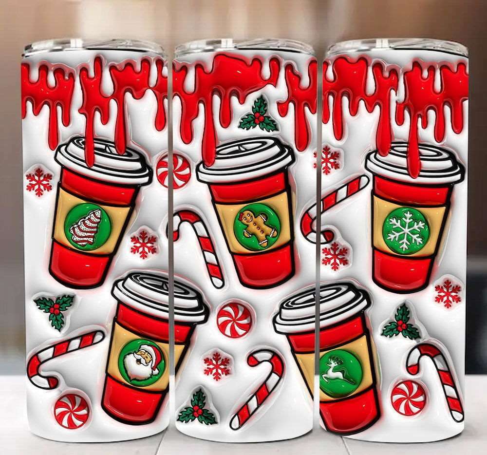 3D Christmas Coffee Inflated Tumbler Wrap, Xmas Tree Cake Puff 20oz wrap