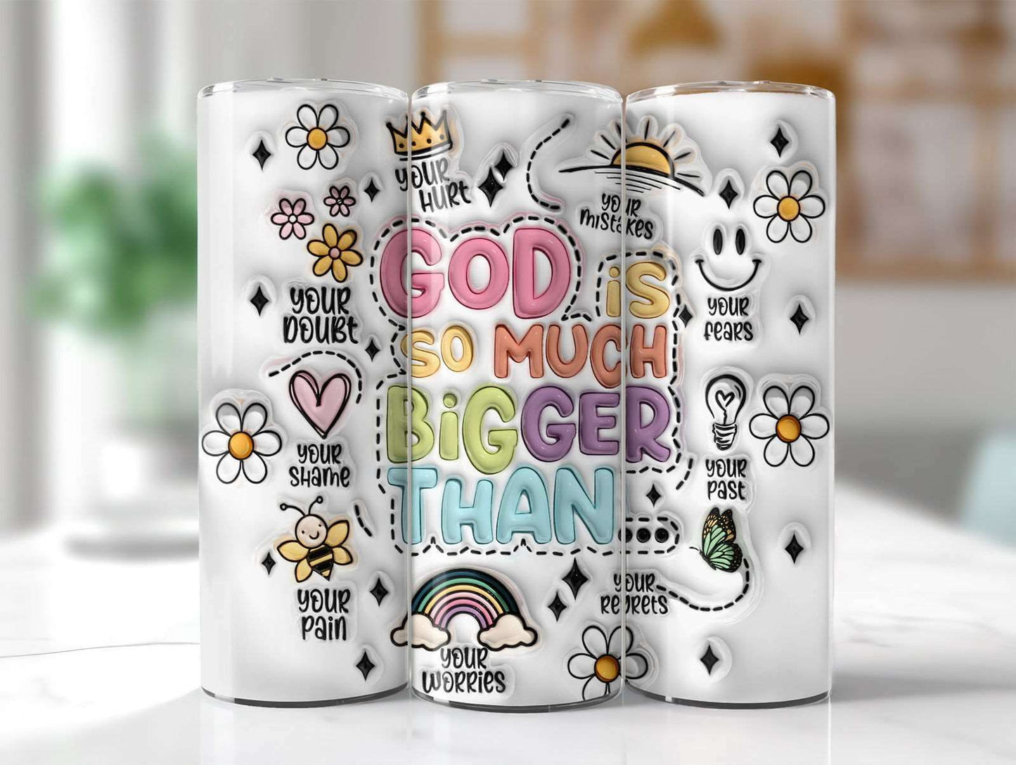 3D God is Bigger Inflated Tumbler Wrap, 3D Puffy Daisy