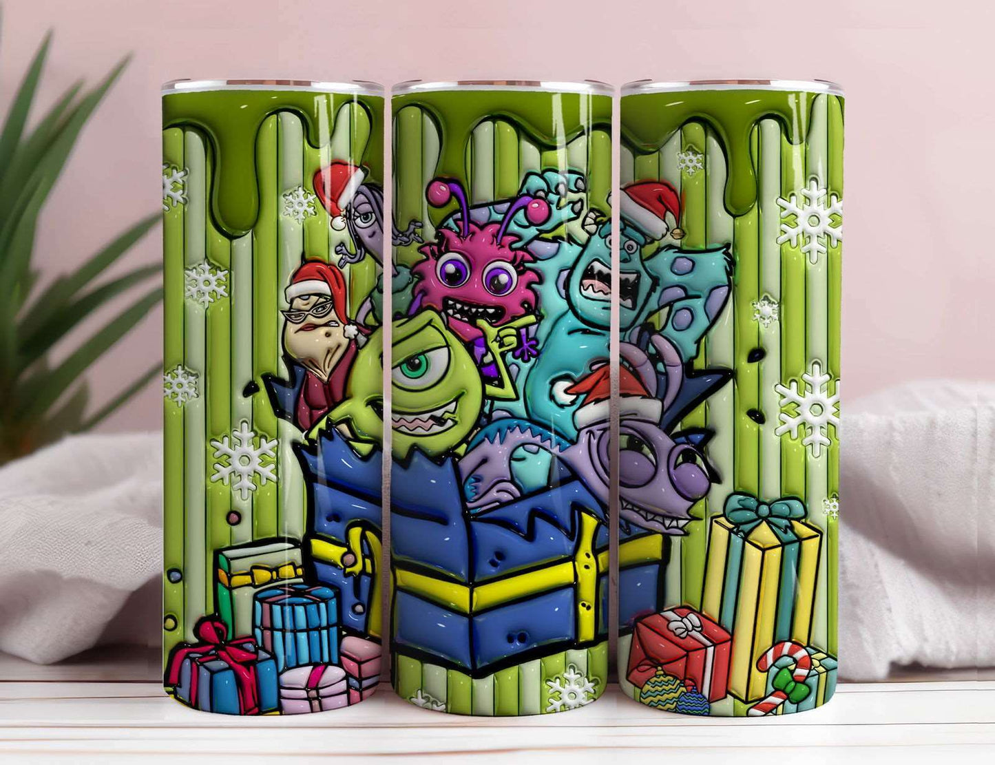 3D Inflated Cartoon Christmas Tumbler Wrap, Monsters Inflated Tumbler Wrap