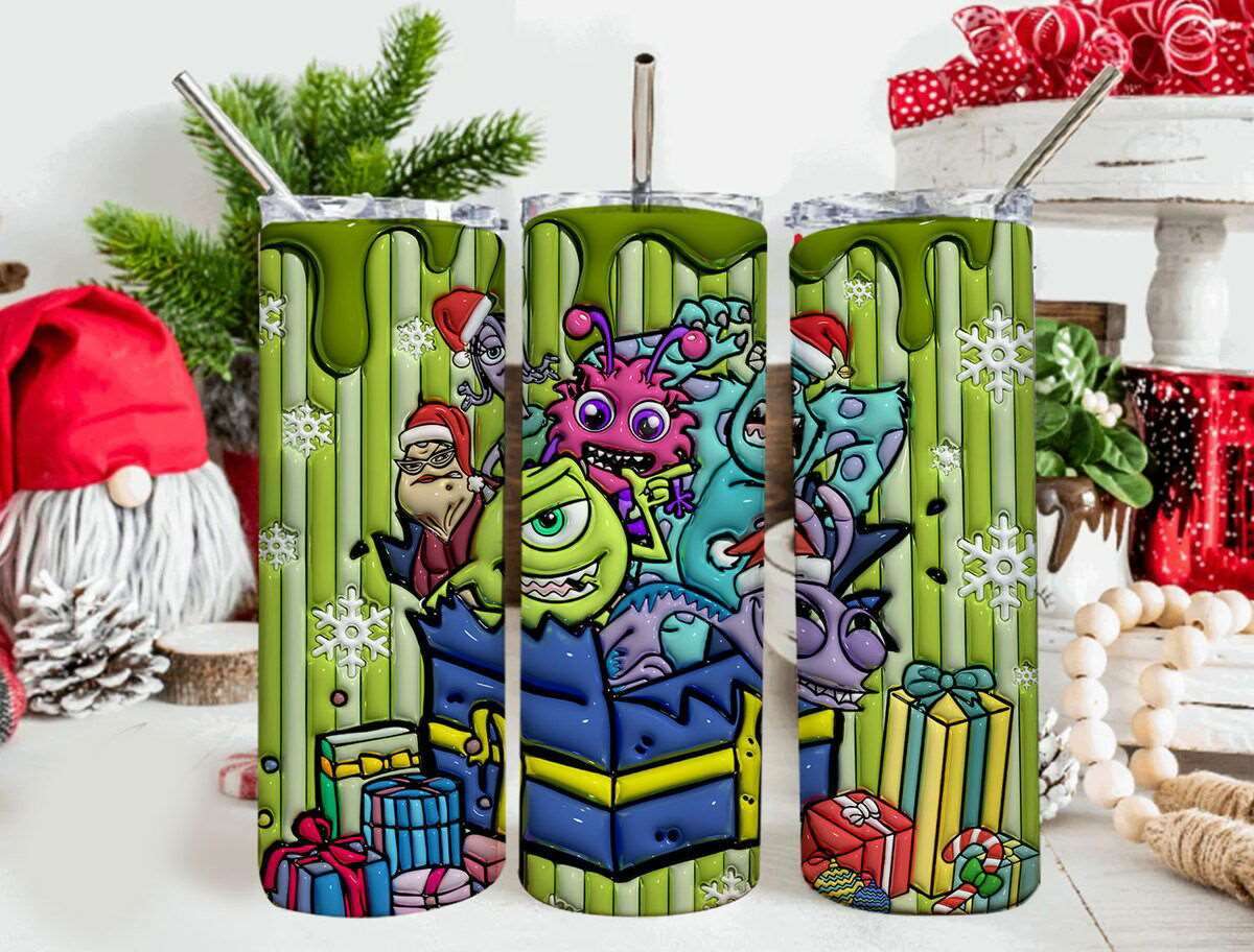 3D Inflated Cartoon Christmas Tumbler Wrap, Monsters Inflated Tumbler Wrap