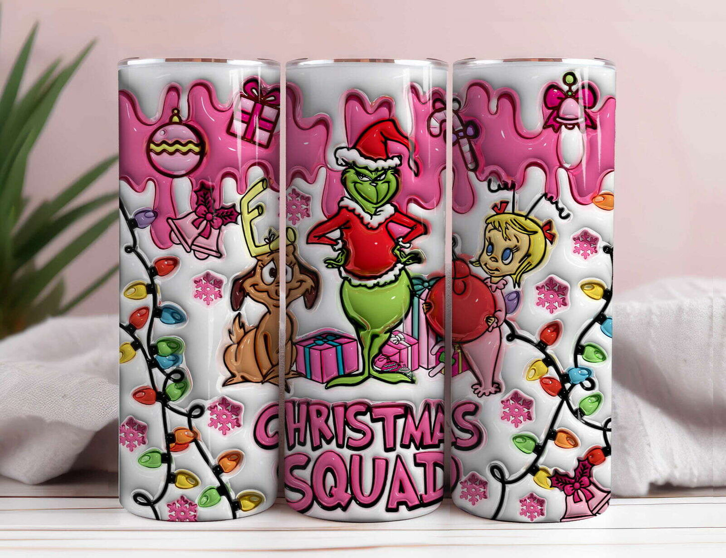 3D Inflated Pink Christmas Tumbler Wrap, 3D Christmas Inflated Tumbler Wrap