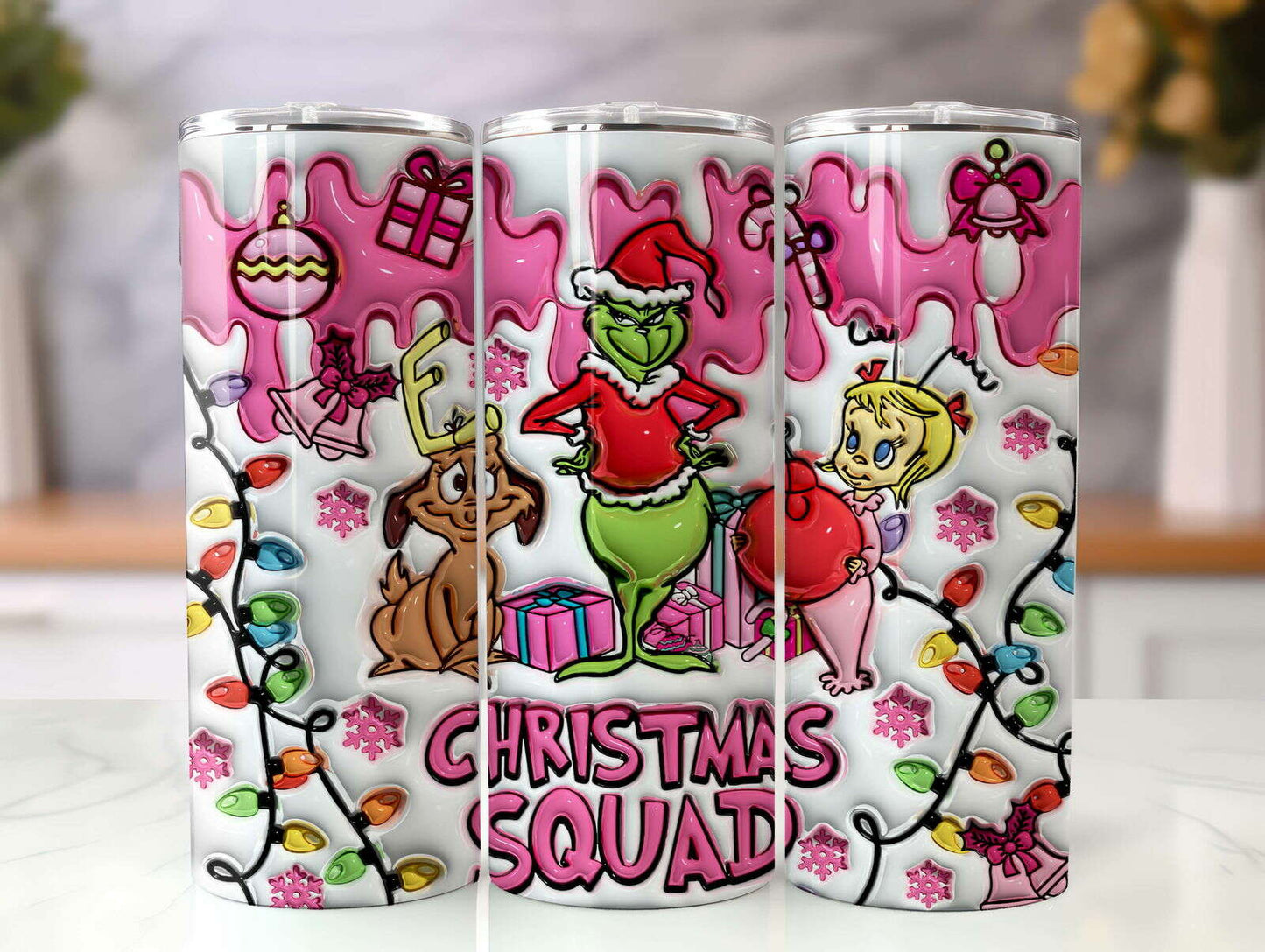 3D Inflated Pink Christmas Tumbler Wrap, 3D Christmas Inflated Tumbler Wrap