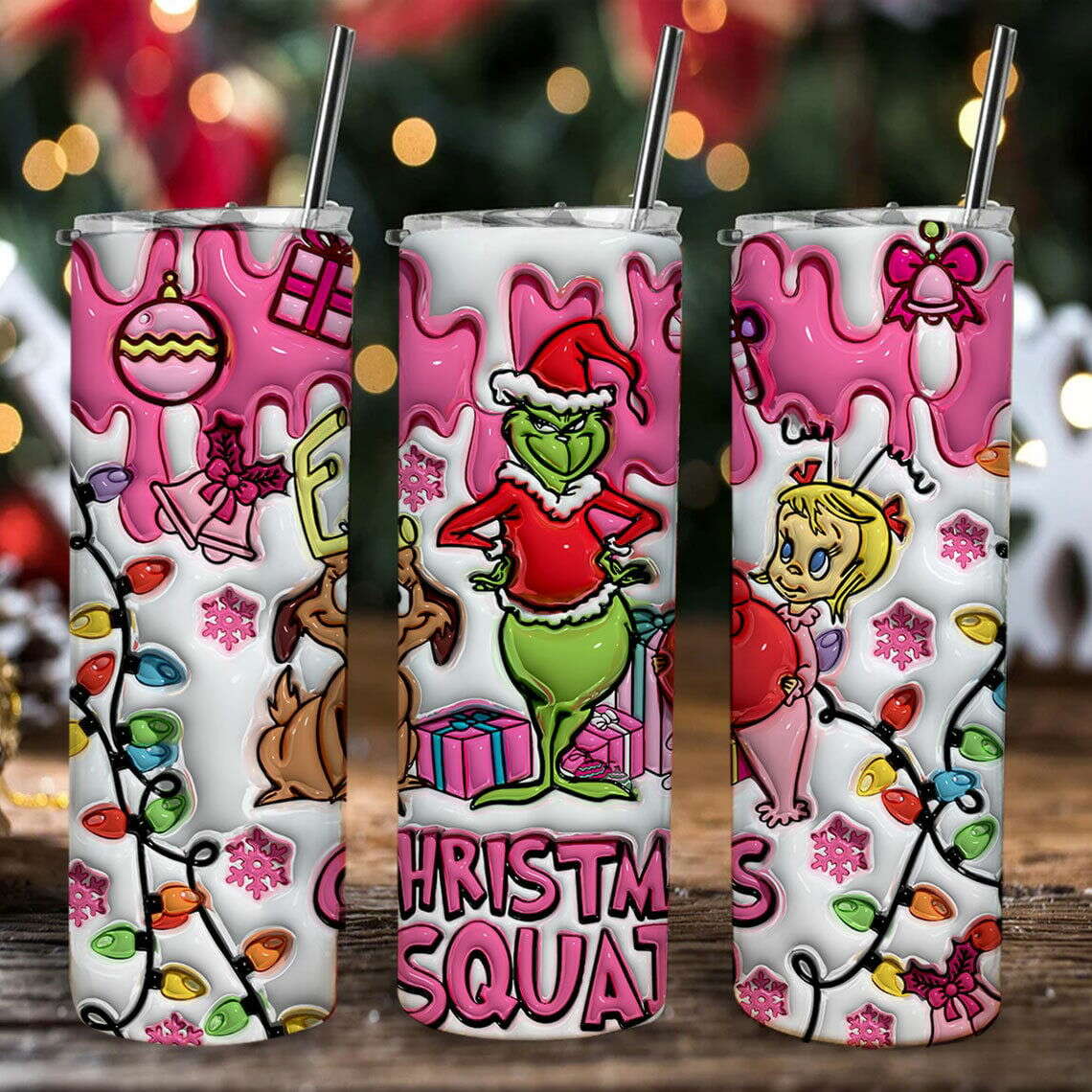 3D Inflated Pink Christmas Tumbler Wrap, 3D Christmas Inflated Tumbler Wrap