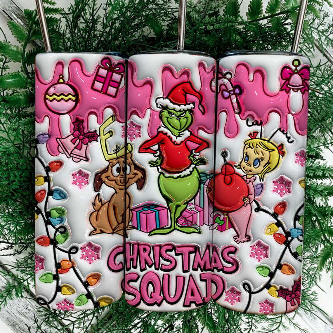 3D Inflated Pink Christmas Tumbler Wrap, 3D Christmas Inflated Tumbler Wrap