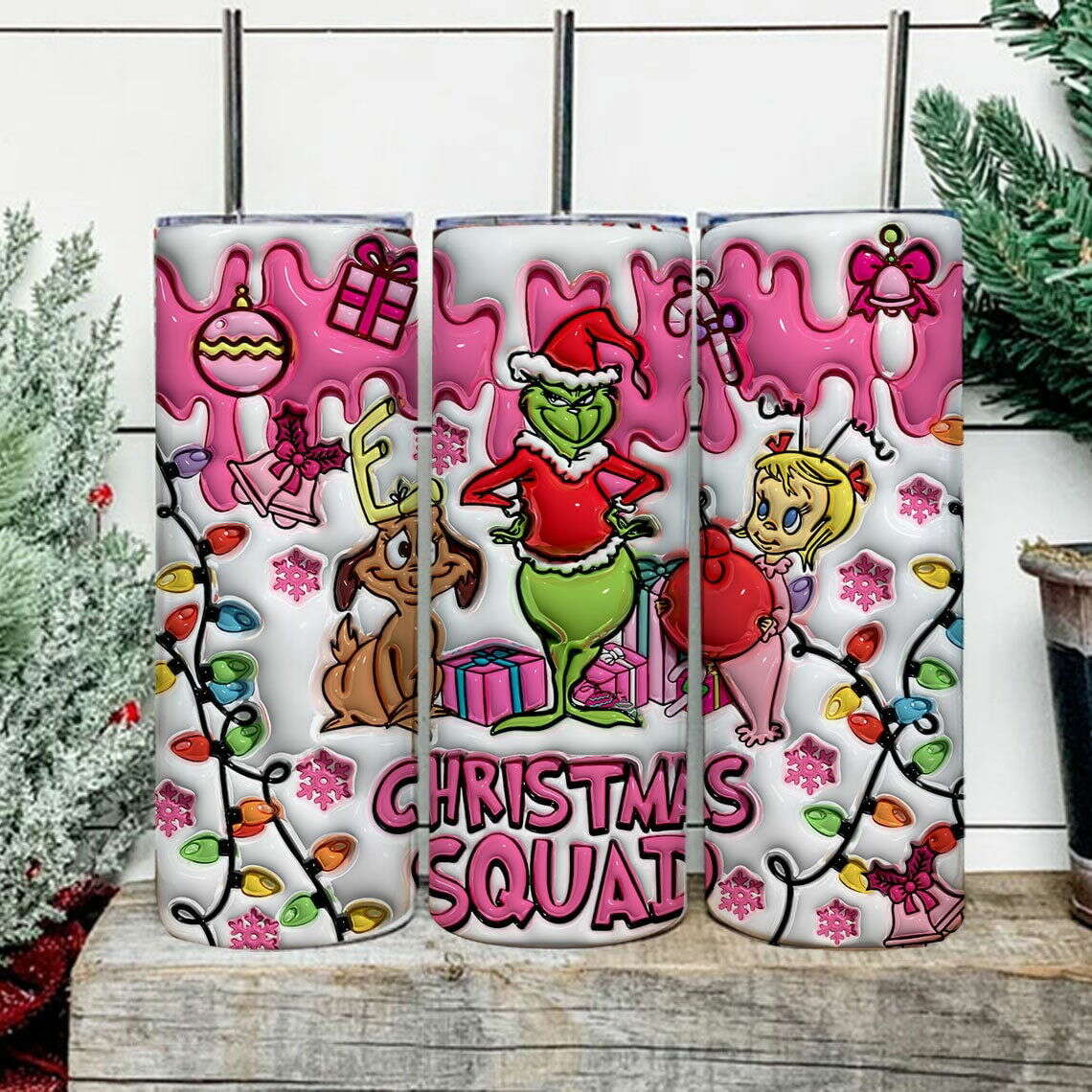 3D Inflated Pink Christmas Tumbler Wrap, 3D Christmas Inflated Tumbler Wrap