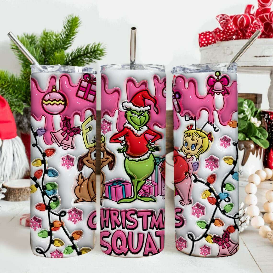 3D Inflated Pink Christmas Tumbler Wrap, 3D Christmas Inflated Tumbler Wrap
