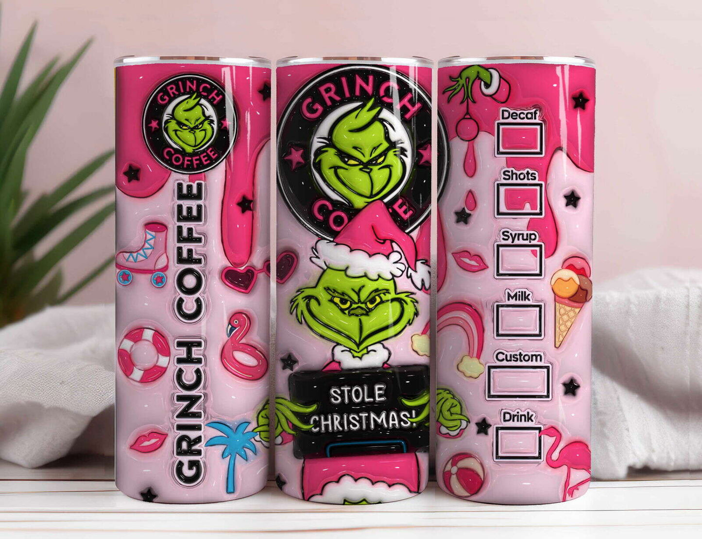 3D Inflated Pink Christmas Tumbler Wrap, Retro Merry Christmas