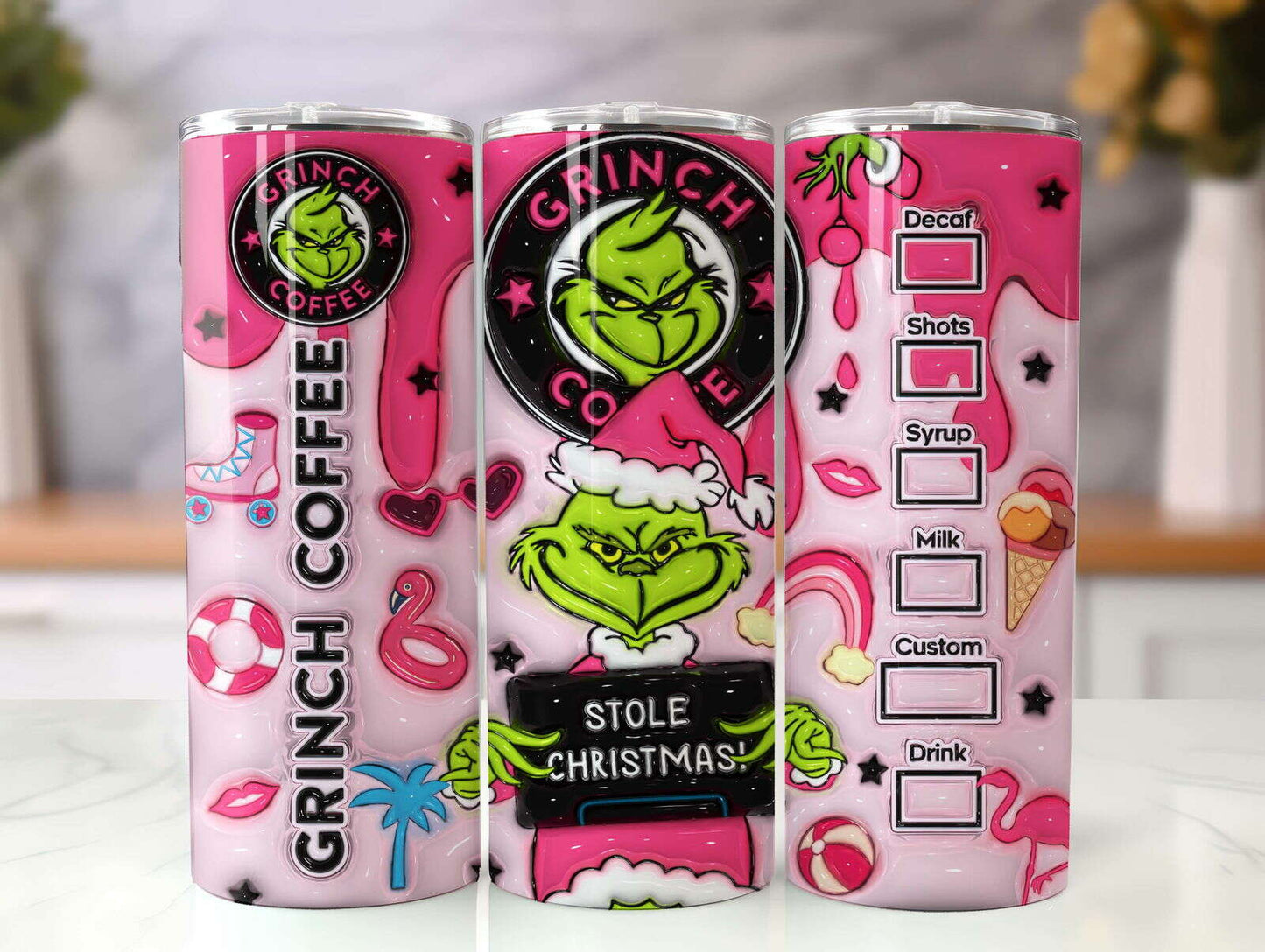 3D Inflated Pink Christmas Tumbler Wrap, Retro Merry Christmas