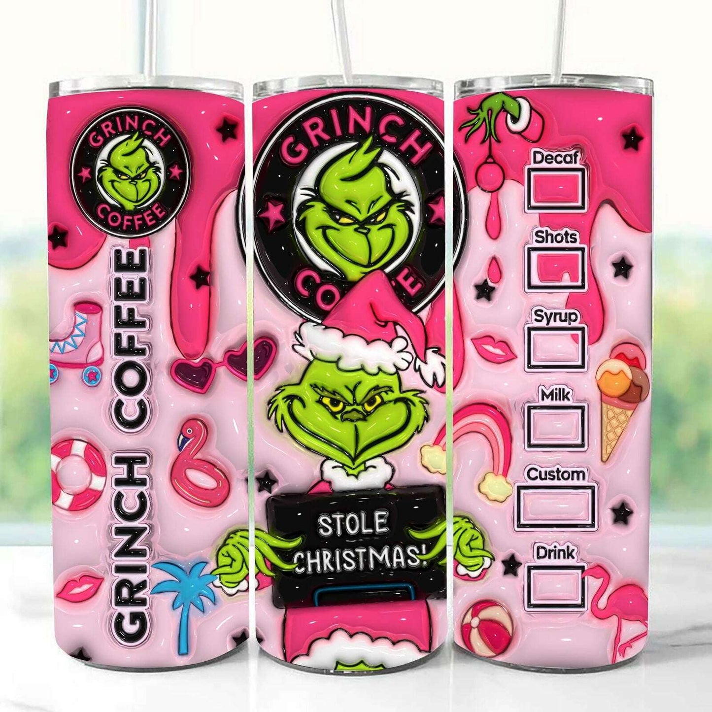 3D Inflated Pink Christmas Tumbler Wrap, Retro Merry Christmas