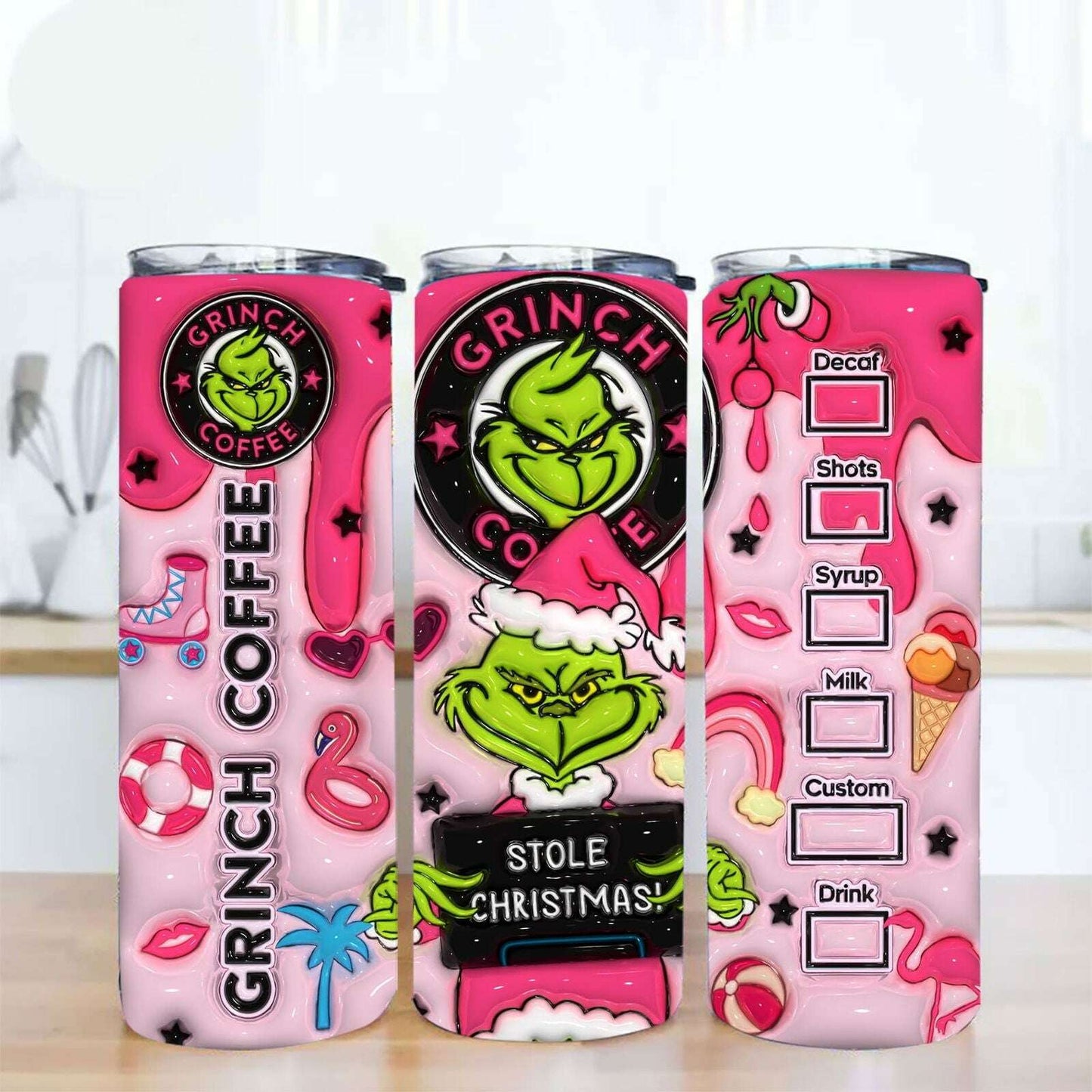 3D Inflated Pink Christmas Tumbler Wrap, Retro Merry Christmas