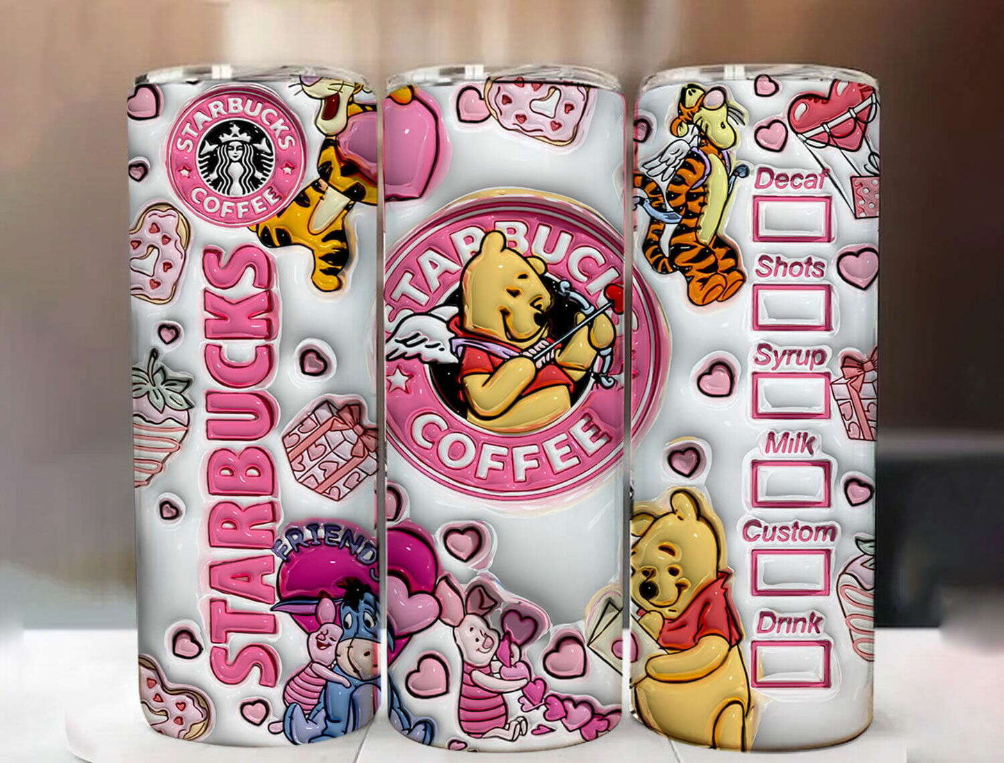 3D Inflated Valentine Tumbler Wrap, Winnie 3D Pink Valentine Inflated Tumbler Wrap