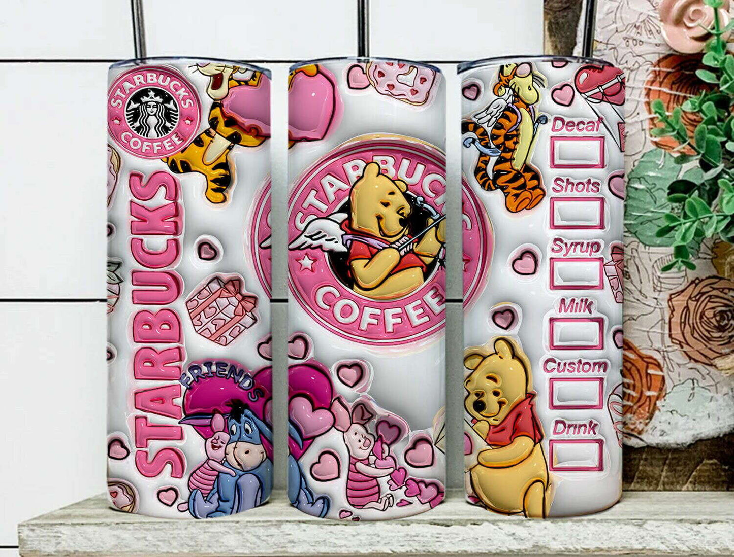 3D Inflated Valentine Tumbler Wrap, Winnie 3D Pink Valentine Inflated Tumbler Wrap