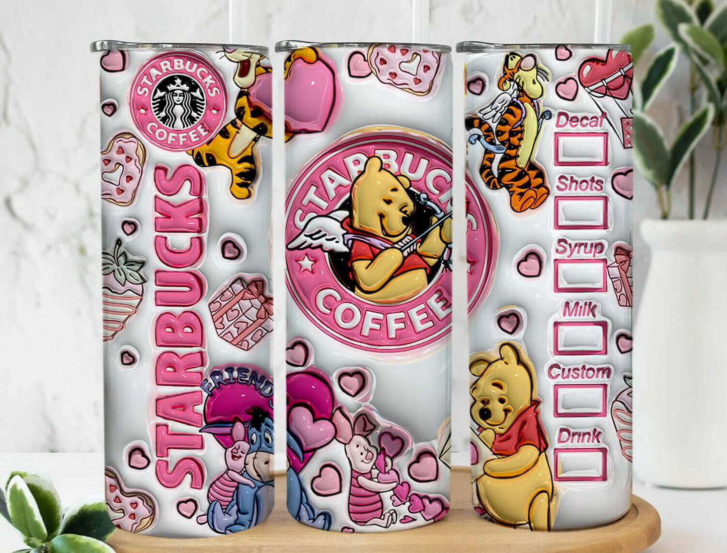 3D Inflated Valentine Tumbler Wrap, Winnie 3D Pink Valentine Inflated Tumbler Wrap