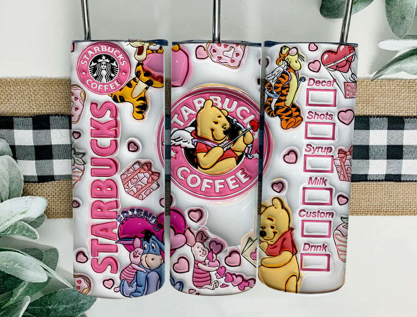 3D Inflated Valentine Tumbler Wrap, Winnie 3D Pink Valentine Inflated Tumbler Wrap