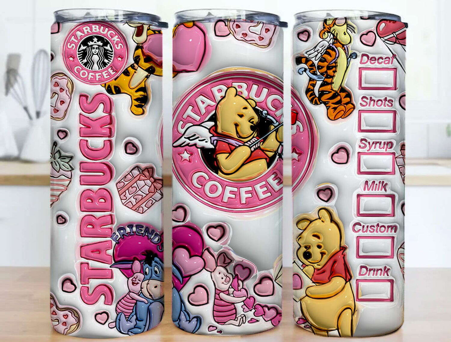 3D Inflated Valentine Tumbler Wrap, Winnie 3D Pink Valentine Inflated Tumbler Wrap