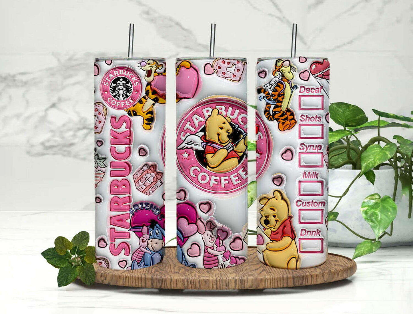 3D Inflated Valentine Tumbler Wrap, Winnie 3D Pink Valentine Inflated Tumbler Wrap