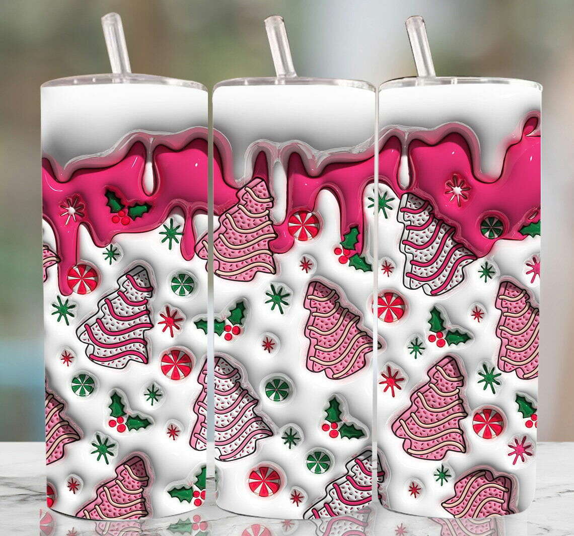 3D Pink Christmas Tree Cakes Inflated Tumbler Wrap