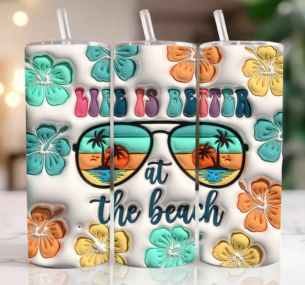 3D Summer Vibes Inflated Tumbler Wrap, 3D Life is better at the beach Tumbler Wra
