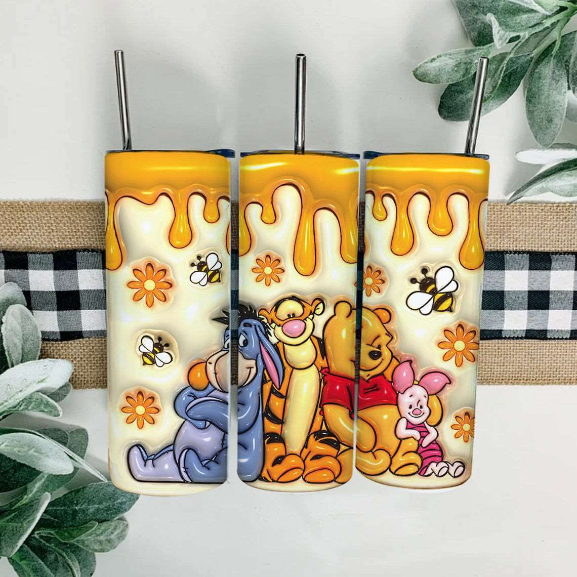 Bear 20oz 3D Inflated Tumbler Wrap, 3D Puffy Bear Design Floral Skinny Sublimation