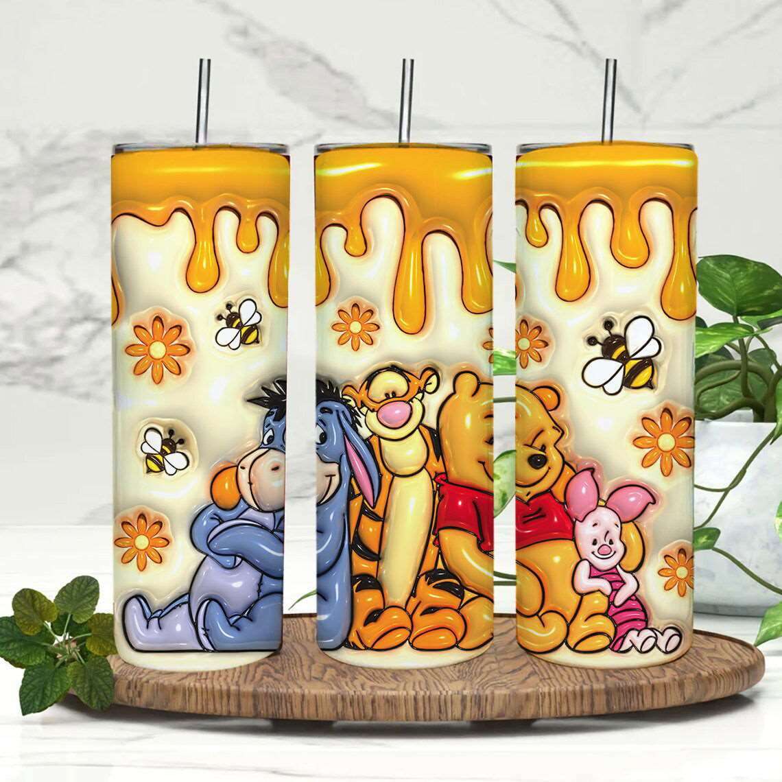 Bear 20oz 3D Inflated Tumbler Wrap, 3D Puffy Bear Design Floral Skinny Sublimation