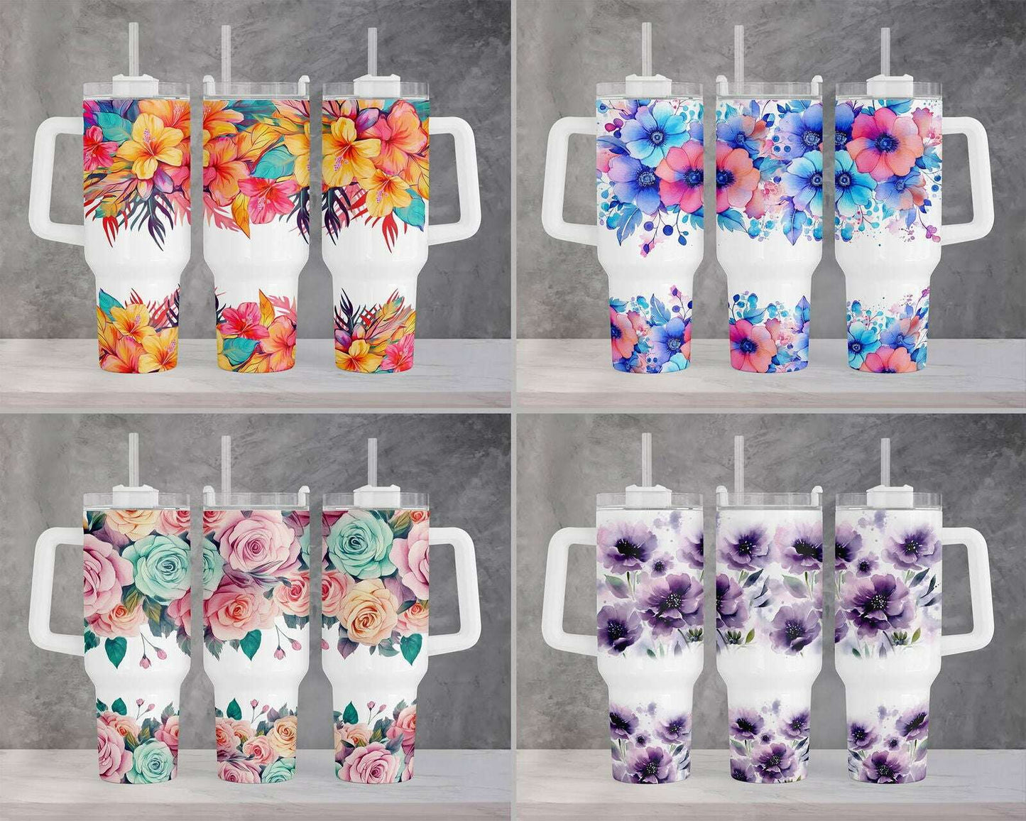 Bright Colors Boho Floral 40oz Quencher Tumbler Wrap