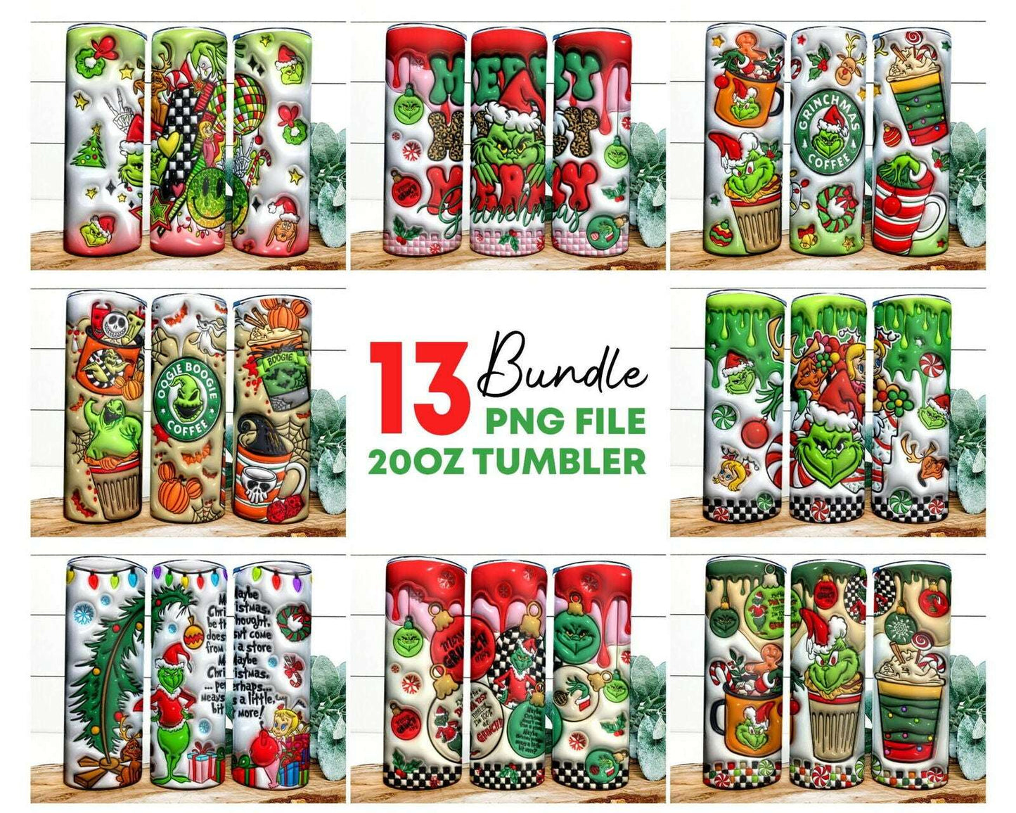 Bundle Inflated Christmas 20oz Tumbler Wrap, 3D Tumbler Wrap Png Design