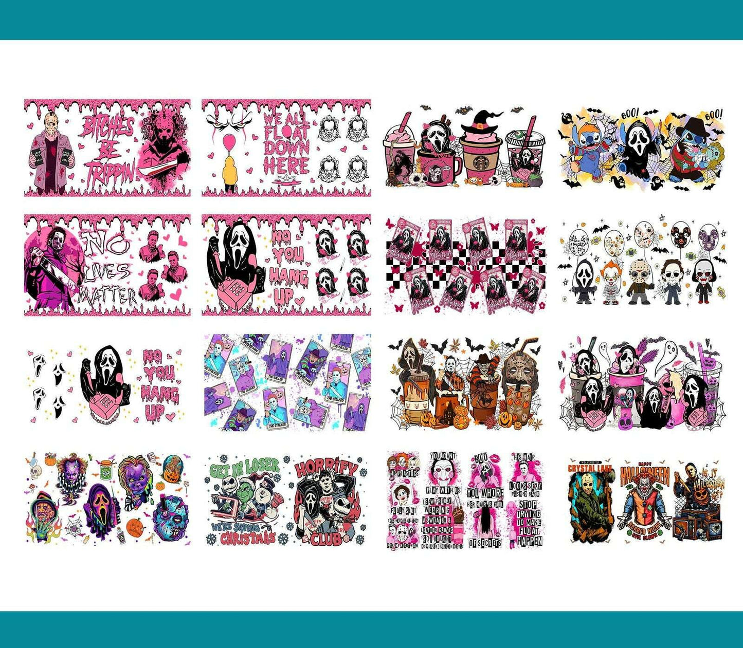 Bundle Movie Characters Horror Movies Glass Can 16oz Wrap, Sublimation Design