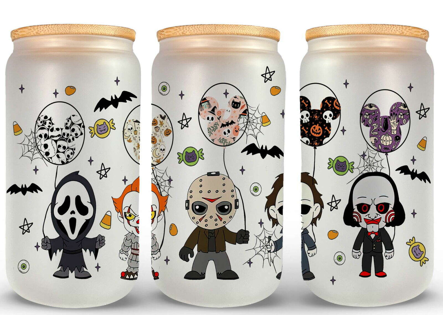 Bundle Movie Characters Horror Movies Glass Can 16oz Wrap, Sublimation Design