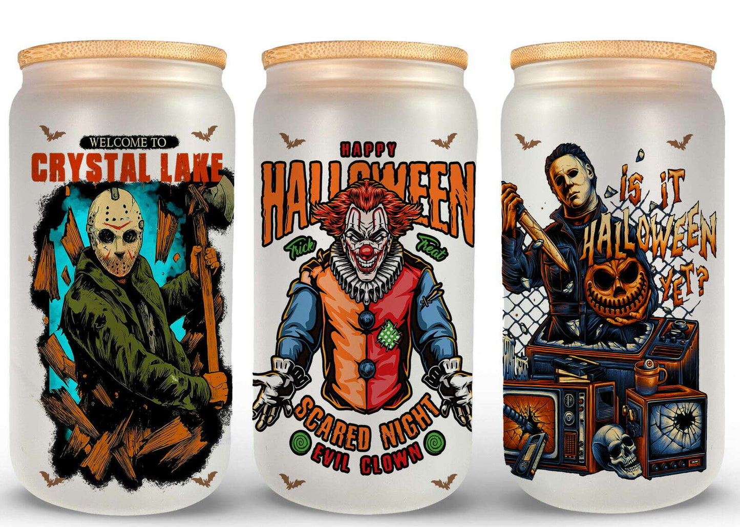 Bundle Movie Characters Horror Movies Glass Can 16oz Wrap, Sublimation Design
