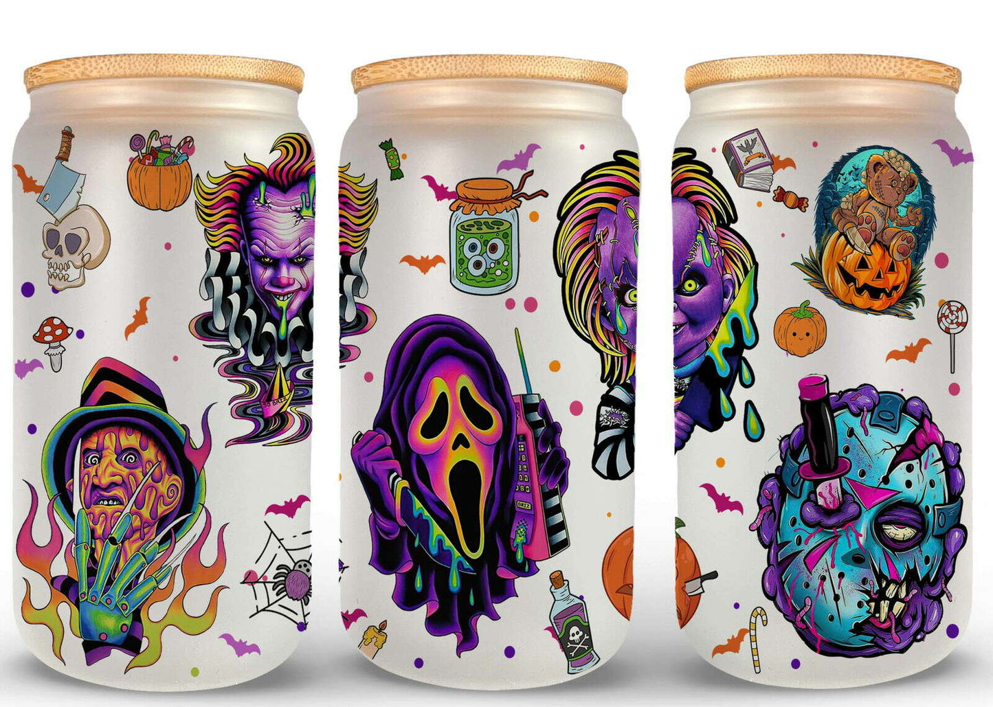 Bundle Movie Characters Horror Movies Glass Can 16oz Wrap, Sublimation Design