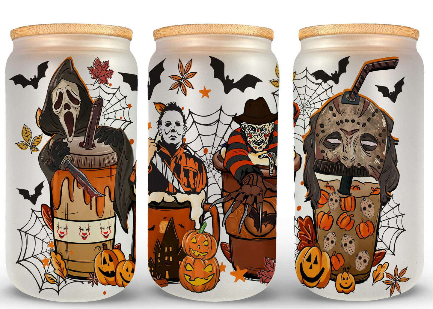 Bundle Movie Characters Horror Movies Glass Can 16oz Wrap, Sublimation Design