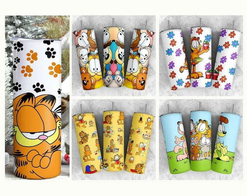 Bundle Yellow Cat 20oz Skinny Tumbler Wrap Design PNG, Cartoon 80s Tumbler, 80s cartoons png
