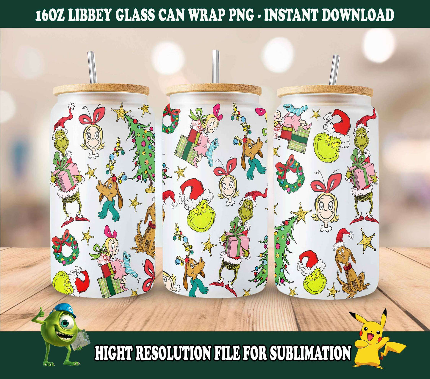 Cartoon 16oz Glass Can, Christmas Tumbler Wrap, Merry Christmas Can Glass