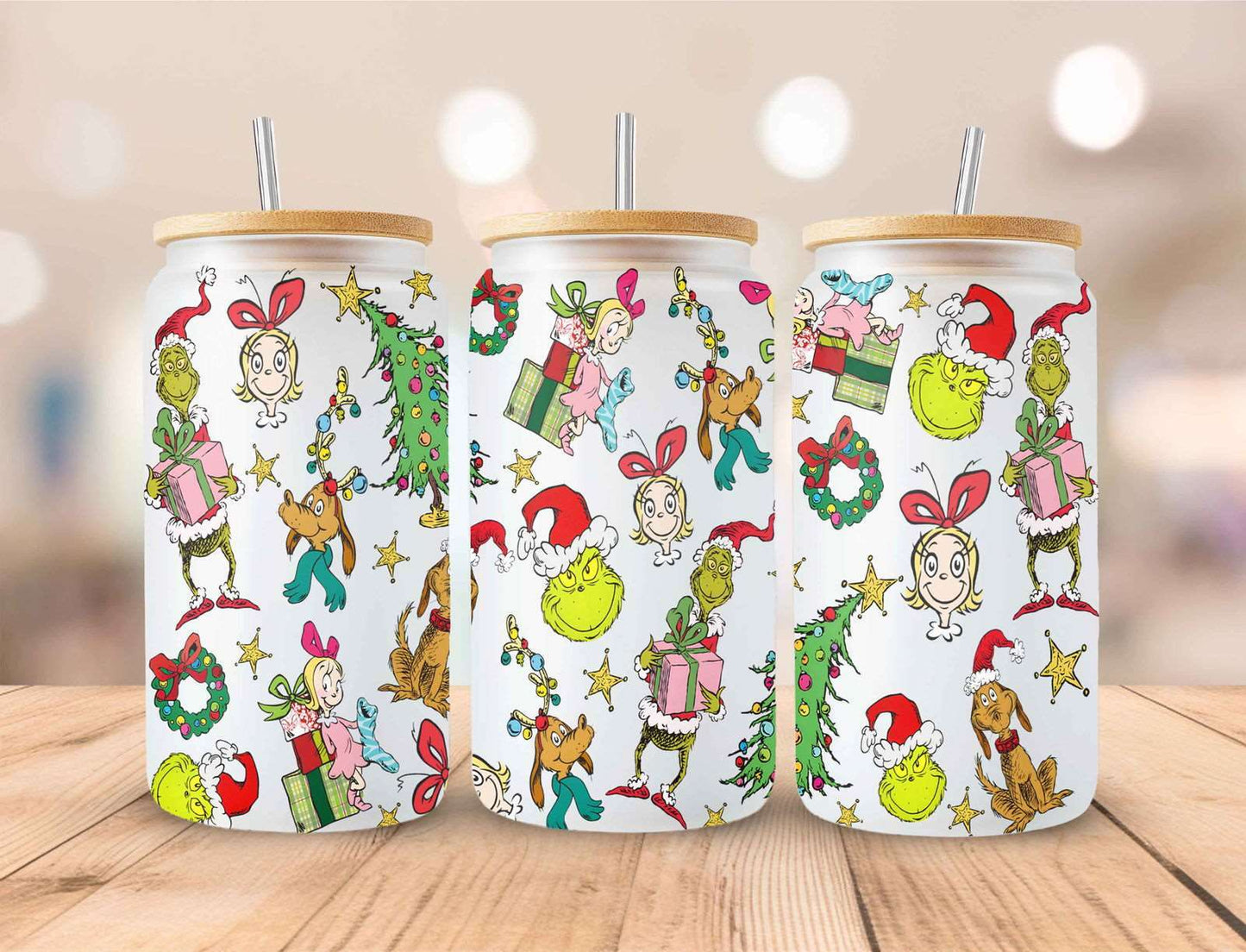 Cartoon 16oz Glass Can, Christmas Tumbler Wrap, Merry Christmas Can Glass