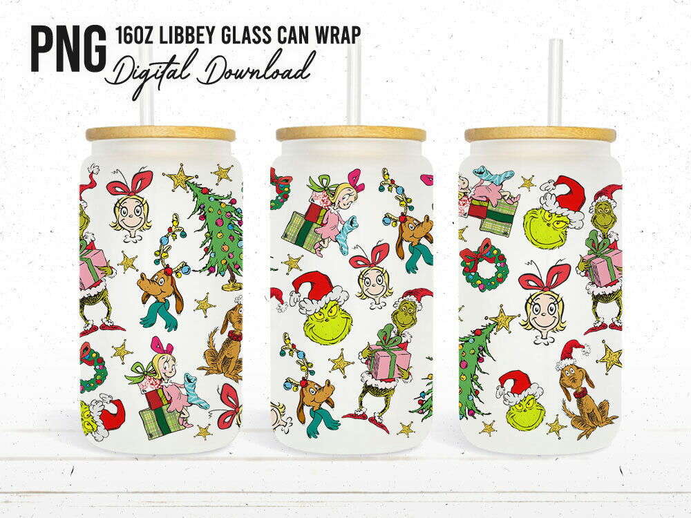 Cartoon 16oz Glass Can, Christmas Tumbler Wrap, Merry Christmas Can Glass