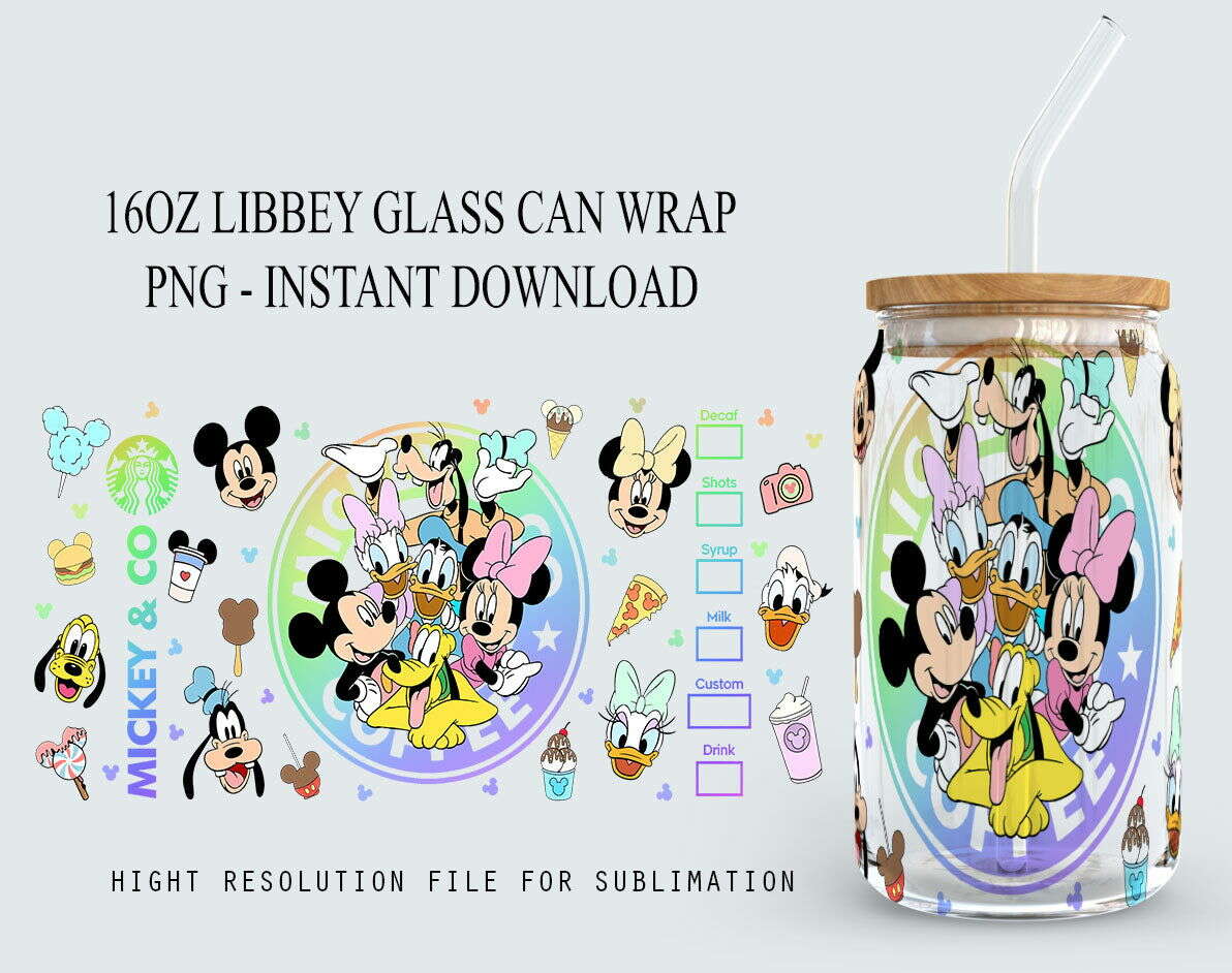 Cartoon 16oz Glass Can Wrap, 16oz Libbey Can Glass, Coffee Tumbler Wrap