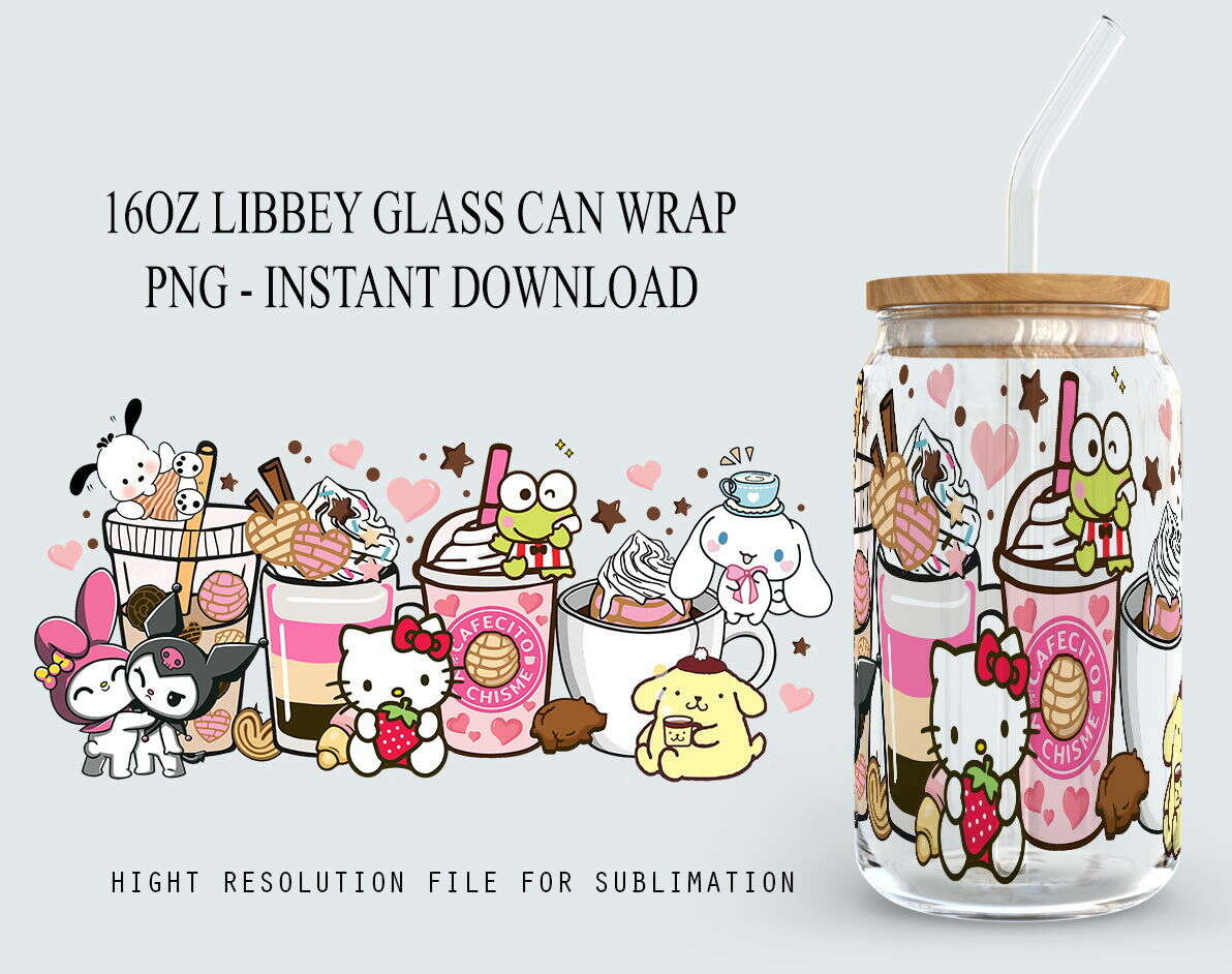 Cartoon 16oz Libbey Glass Can Wrap, Cartoon Coffee Cafecito Cup Png Sublimation Design
