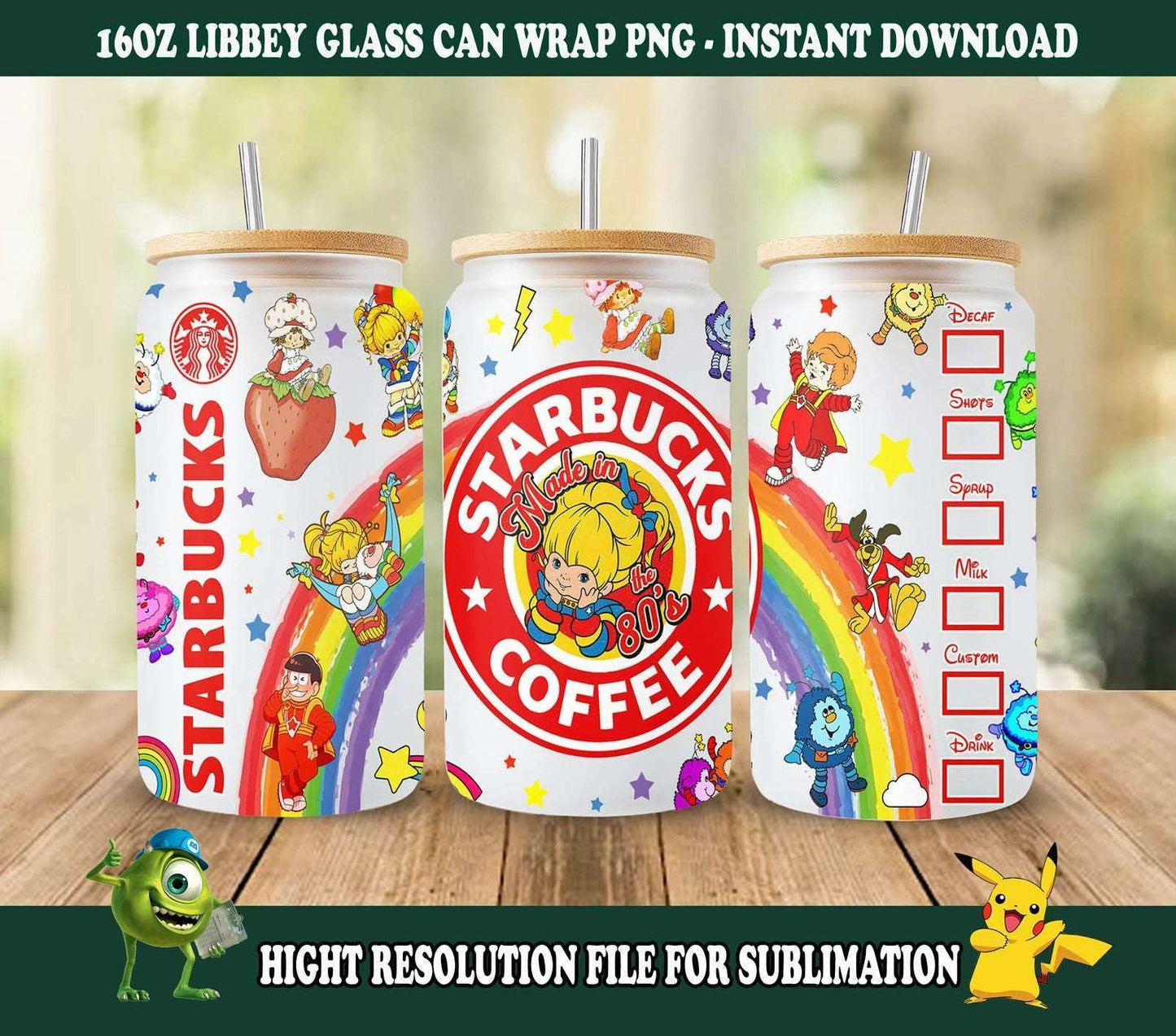 Cartoon 80s 16oz Glass Can Wrap, Rainbow Girl Libbey Glass Can Sublimation Design