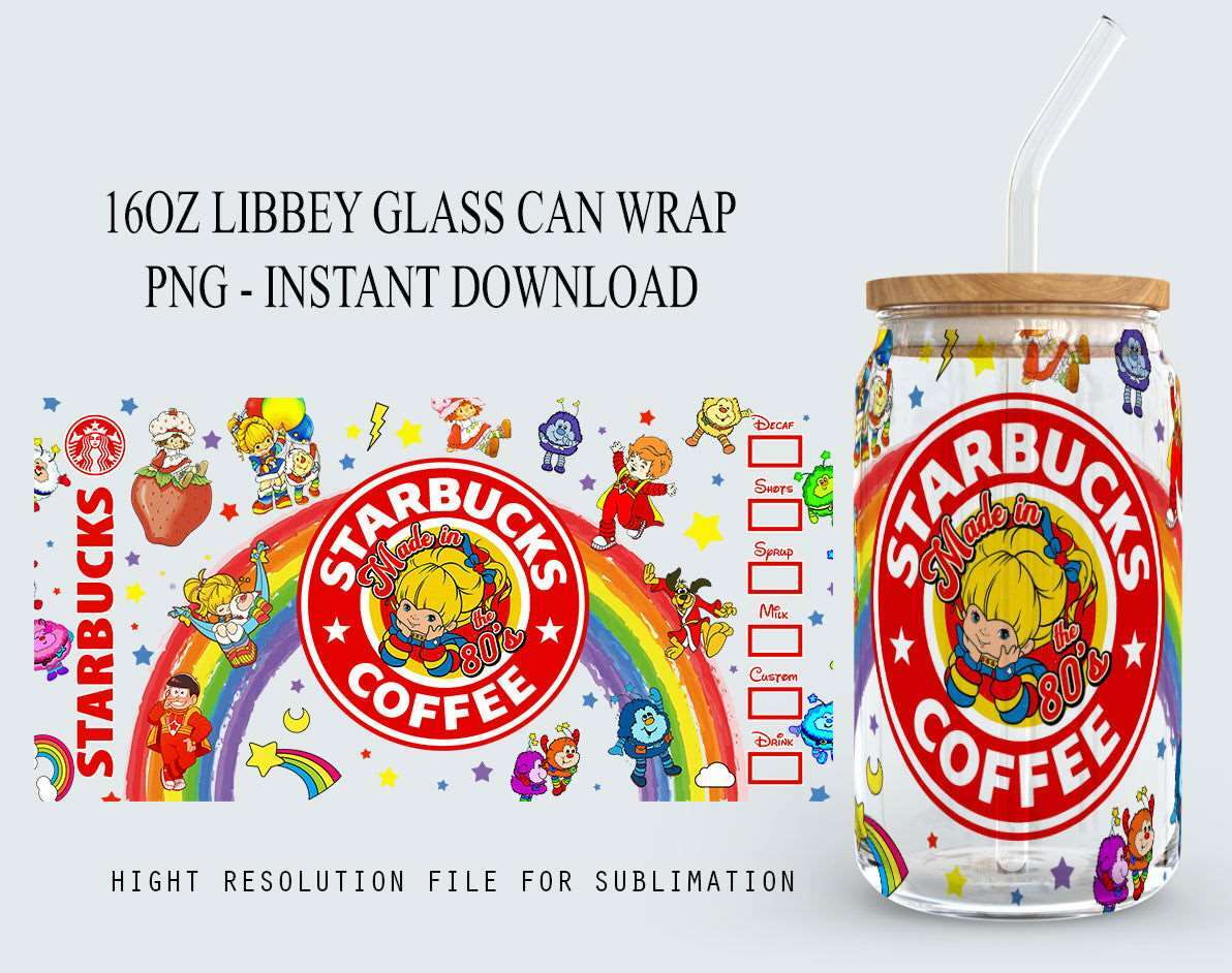 Cartoon 80s 16oz Glass Can Wrap, Rainbow Girl Libbey Glass Can Sublimation Design