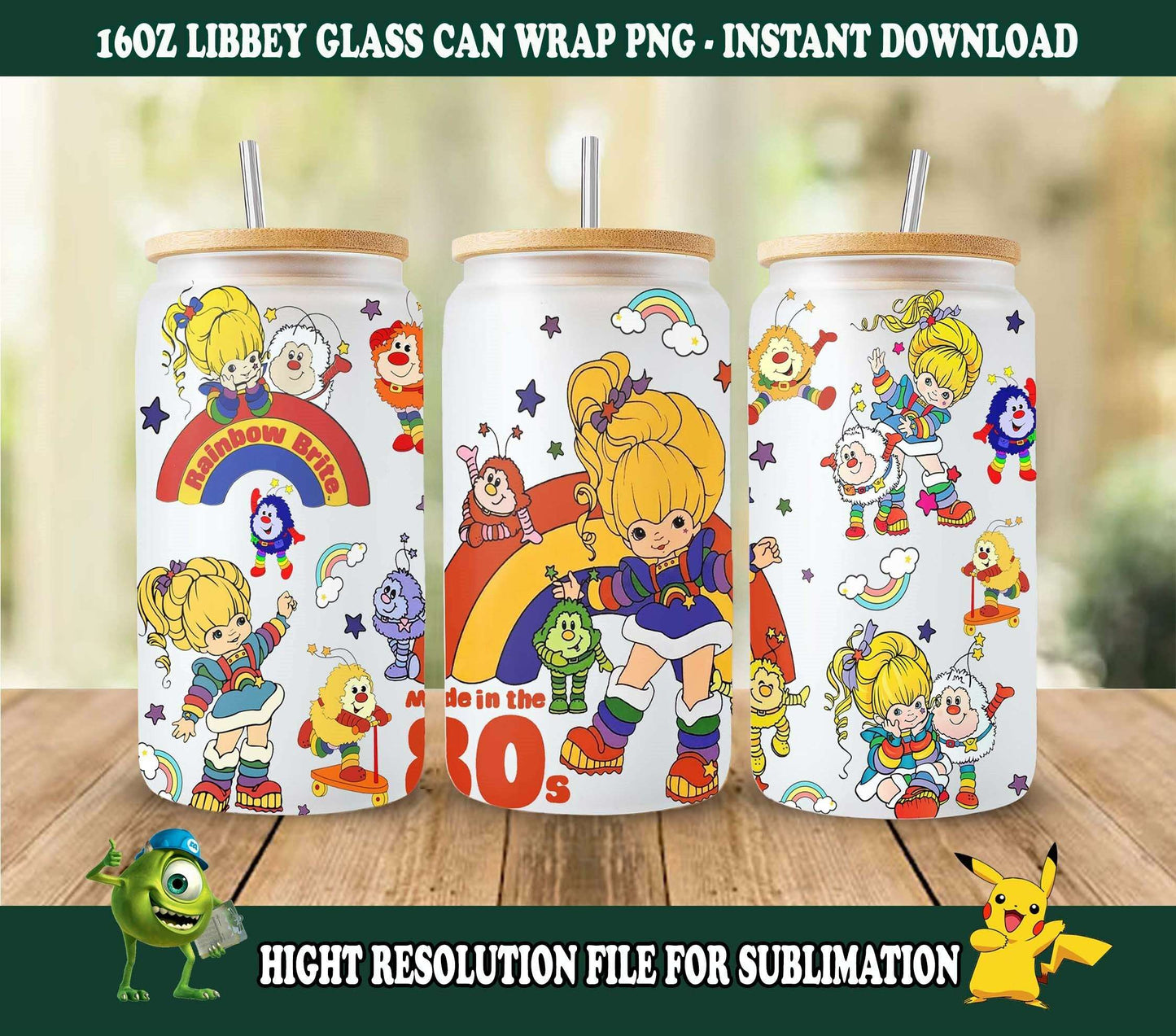 Cartoon 80s Can Glass, 80s cartoons png, Rainbow girl Libbey Glass Can 16oz