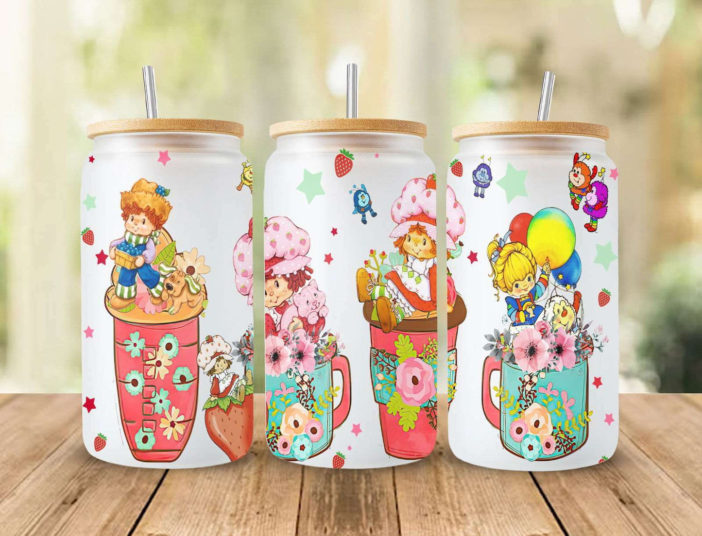 Cartoon 80s Glass Can, 80s cartoons png, rainbow girl floral Libbey Glass Can 16oz