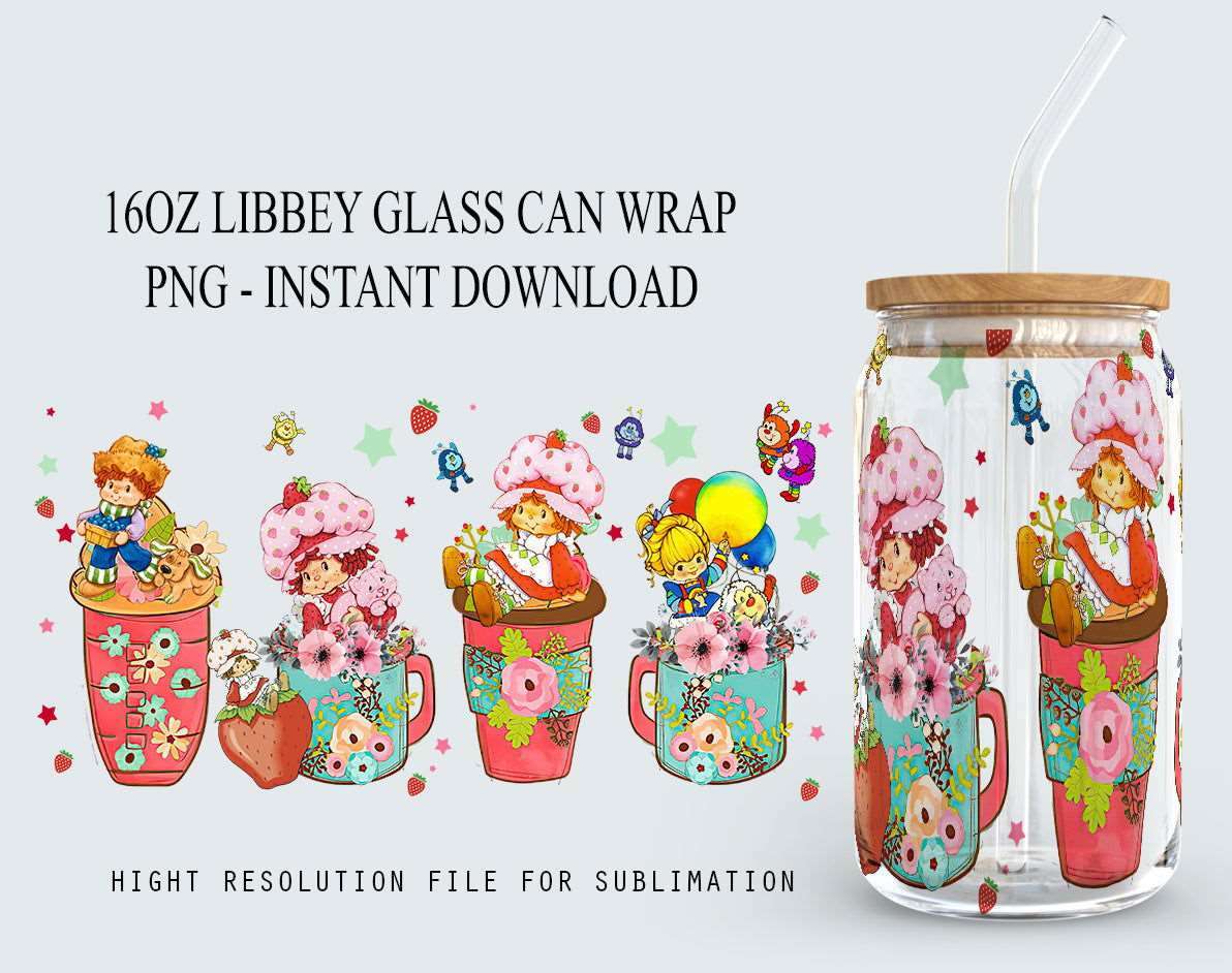 Cartoon 80s Glass Can, 80s cartoons png, rainbow girl floral Libbey Glass Can 16oz