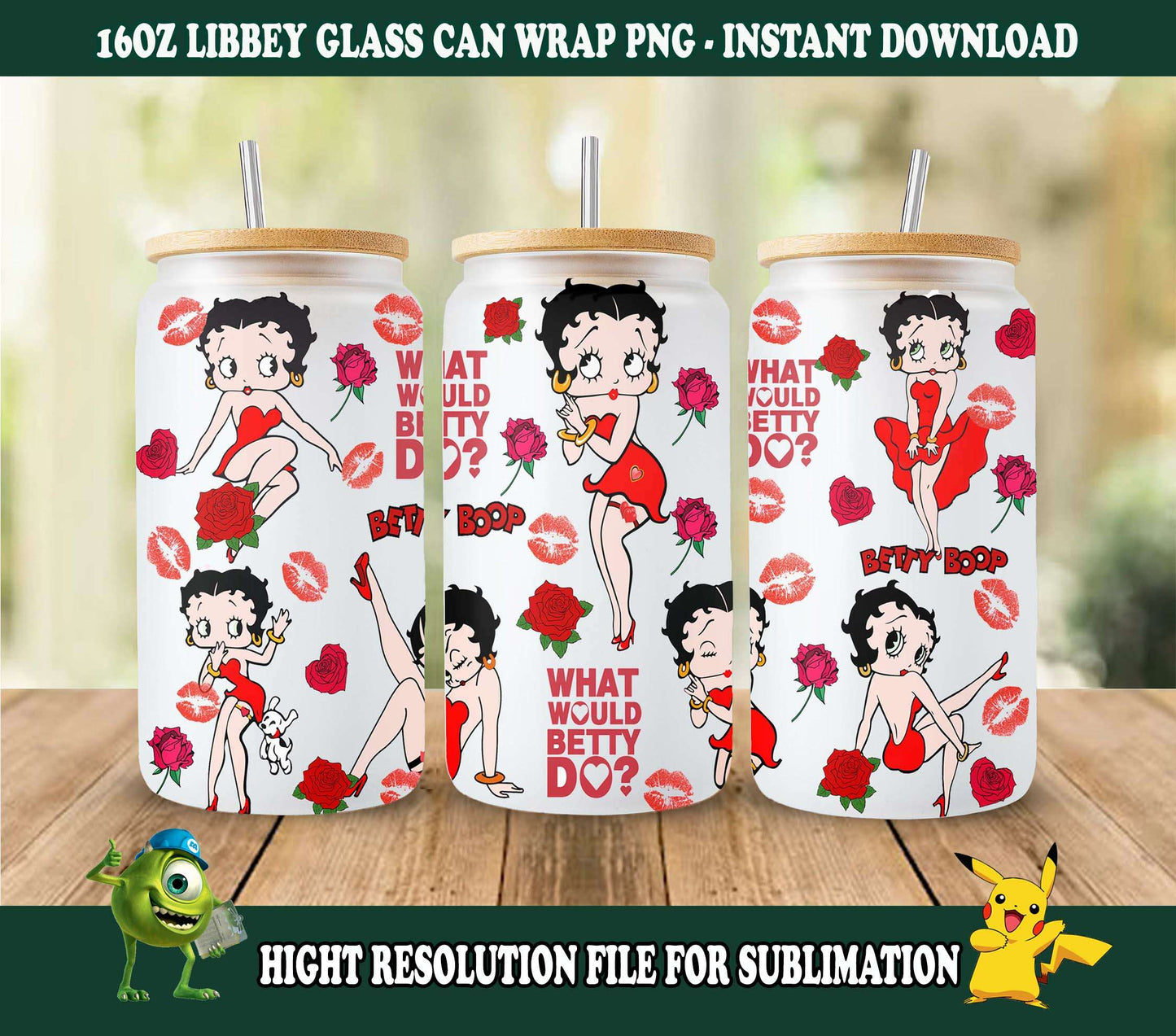 Cartoon 80s tumbler, 80s cartoons png, Betty libbey glass can wrap