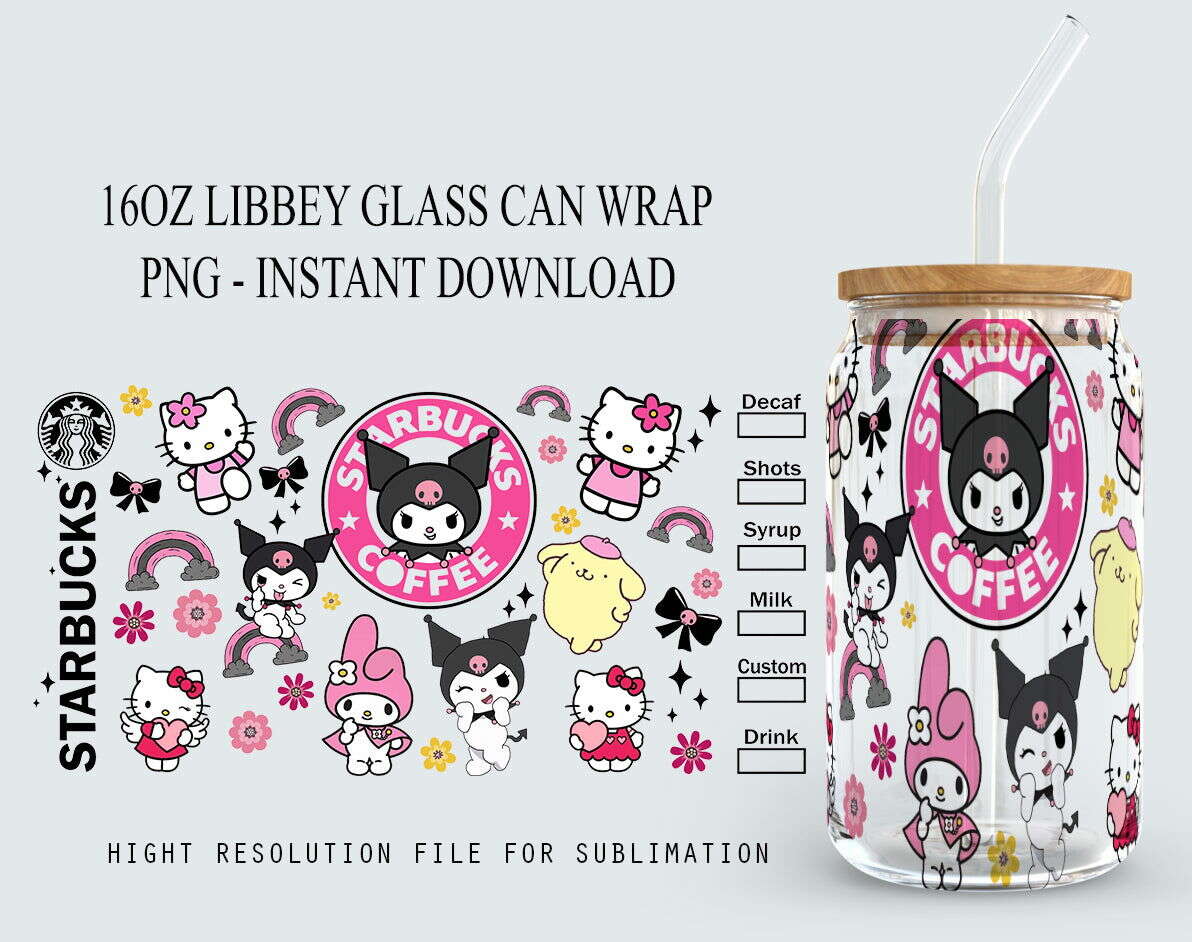 Cartoon Cat 16oz Glass Can Wrap, Cartoon Coffee Libbey Glass, Pink Cat Tumbler