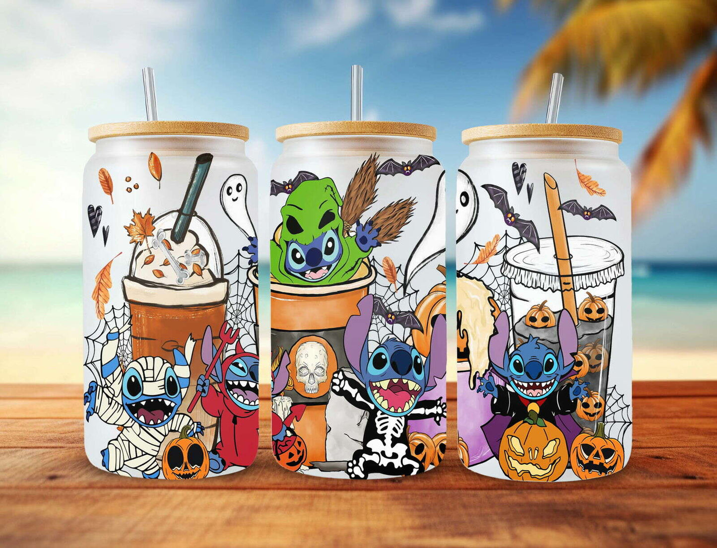 Cartoon Character 16oz Glass Can Wrap, Cartoon Halloween Coffee Cup Design